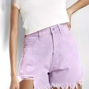 High rise denim cut off mom shorts in purple rise 10